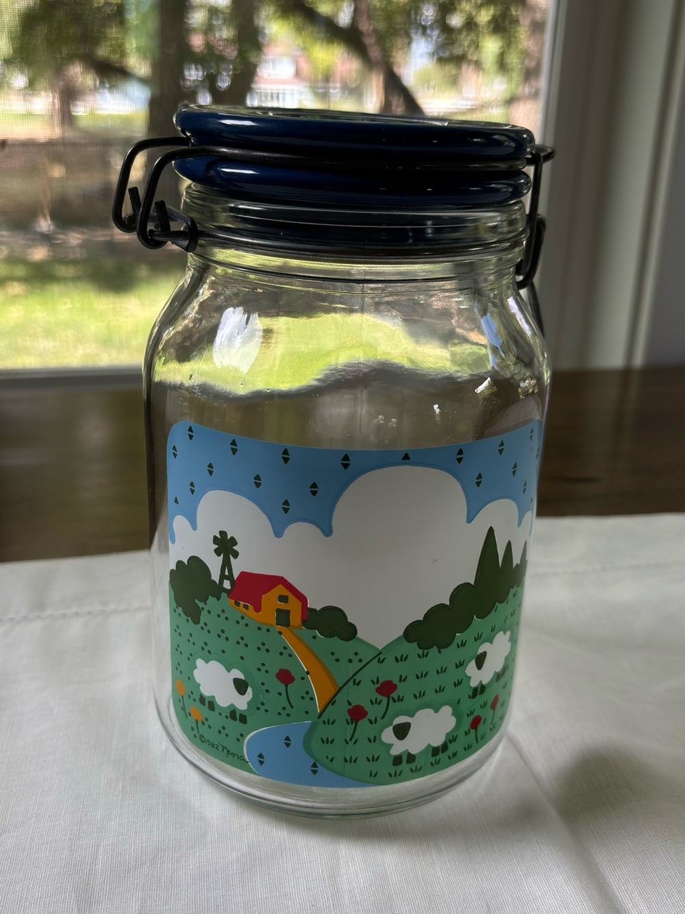 Vintage Anchor Hocking Farm Scene Jar with Blue Ceramic Lid